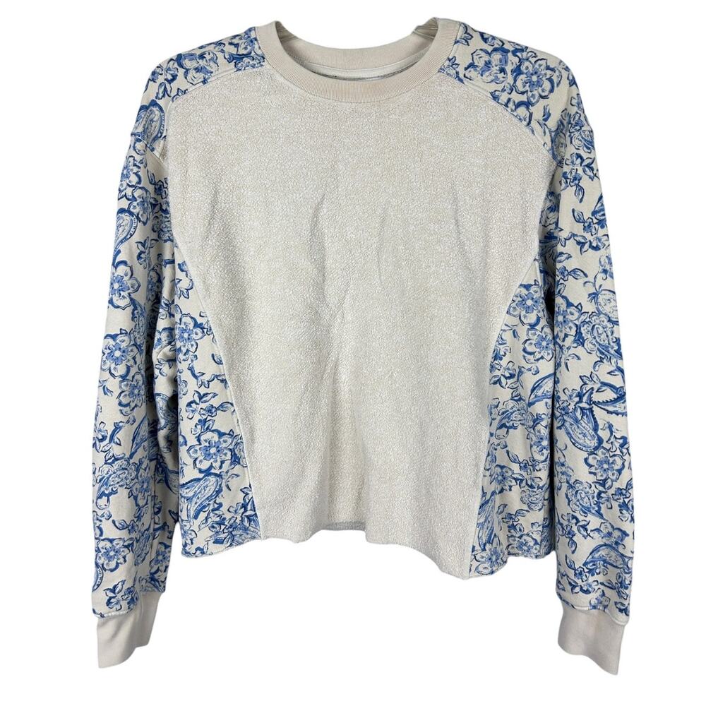 Sundry x Anthropologie Blue Delft Long Sleeve Crew Neck Raw Hem Sweatshirt Top
